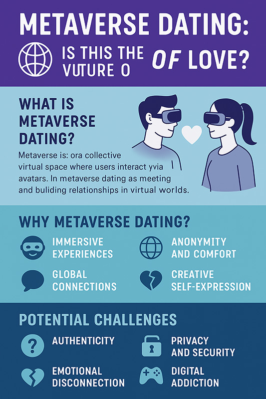 Illustration of a man and woman wearing VR headsets facing each other with a heart symbol between them, under the title “Metaverse Dating – Is This the Future of Love?”, set against a futuristic purple and blue background.