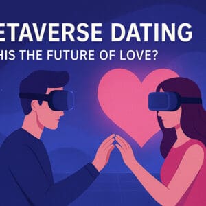 Infographic titled “Metaverse Dating – Is This the Future of Love?” illustrating key points such as immersive experiences, global connections, avatar-based interaction, and challenges like privacy concerns, emotional disconnection, and digital addiction.